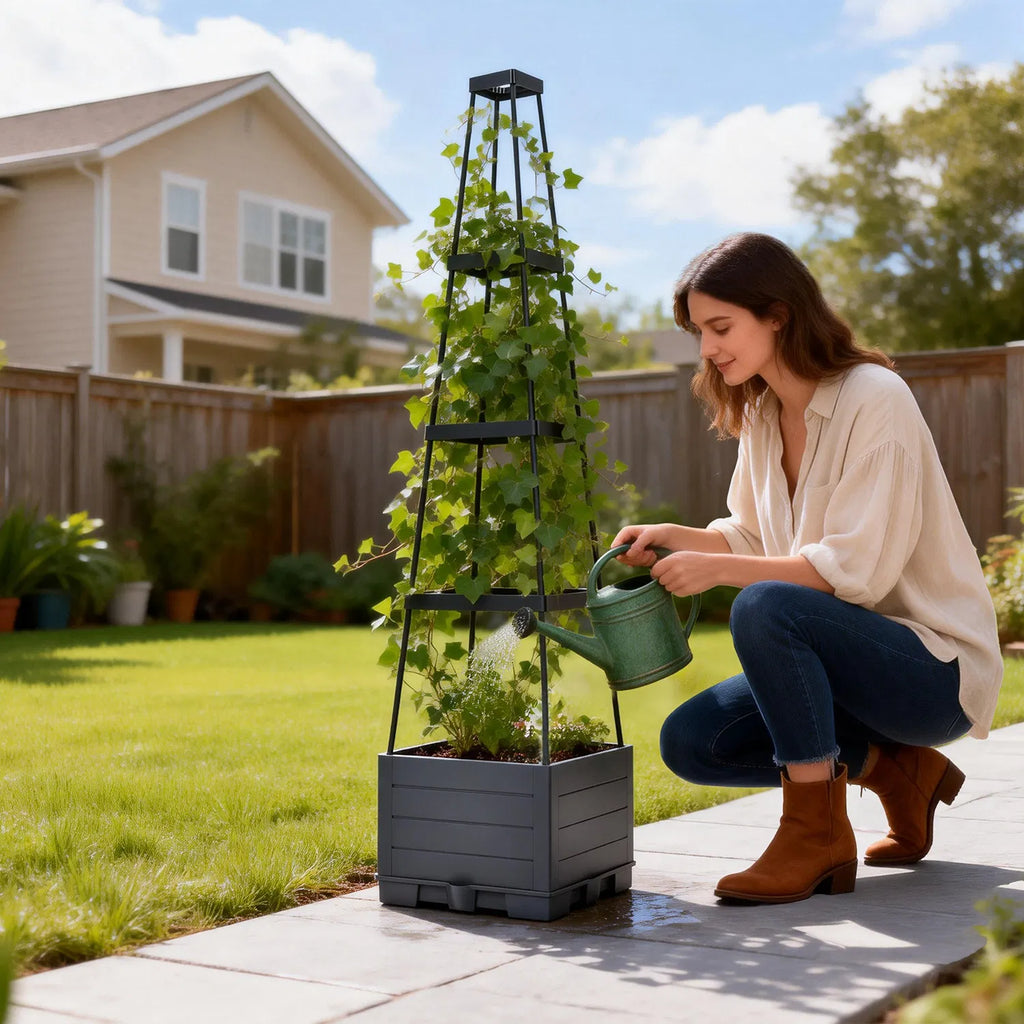 Self-Watering 2L Tank Raised Garden Bed with Adjustable Trellis, 4-Height Tomato Planter Box, 10 Clips & 65ft Ties, Indoor Outdoor