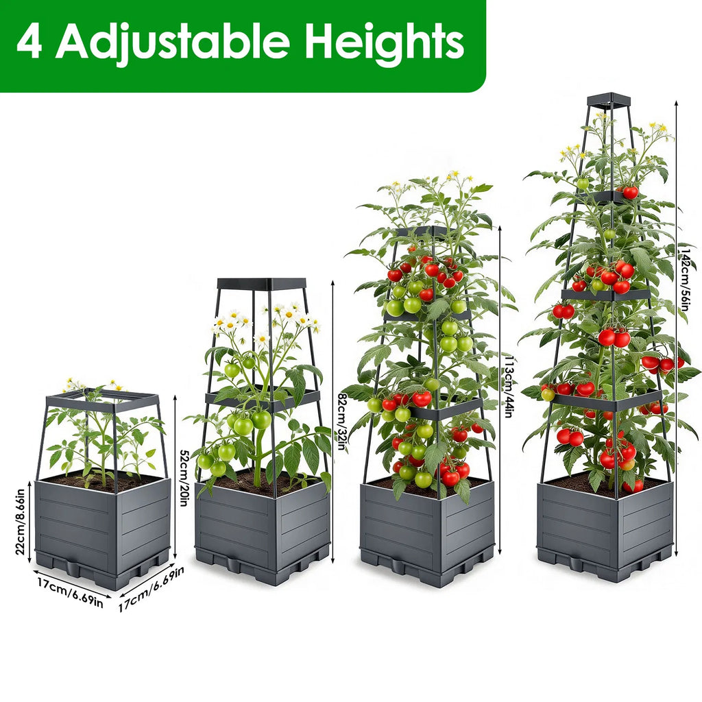 Self-Watering 2L Tank Raised Garden Bed with Adjustable Trellis, 4-Height Tomato Planter Box, 10 Clips & 65ft Ties, Indoor Outdoor