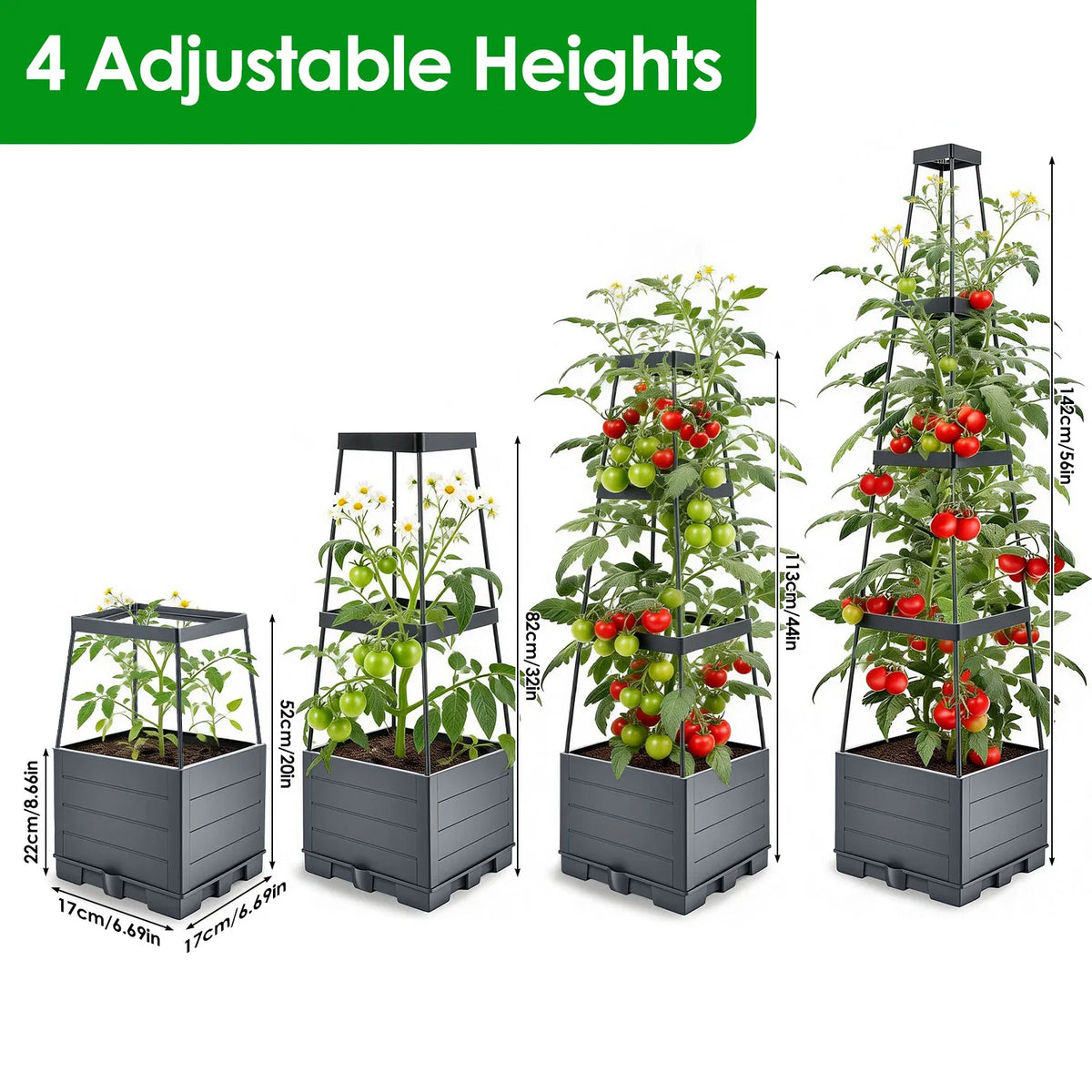Self-Watering 2L Tank Raised Garden Bed with Adjustable Trellis, 4-Height Tomato Planter Box, 10 Clips & 65ft Ties, Indoor Outdoor