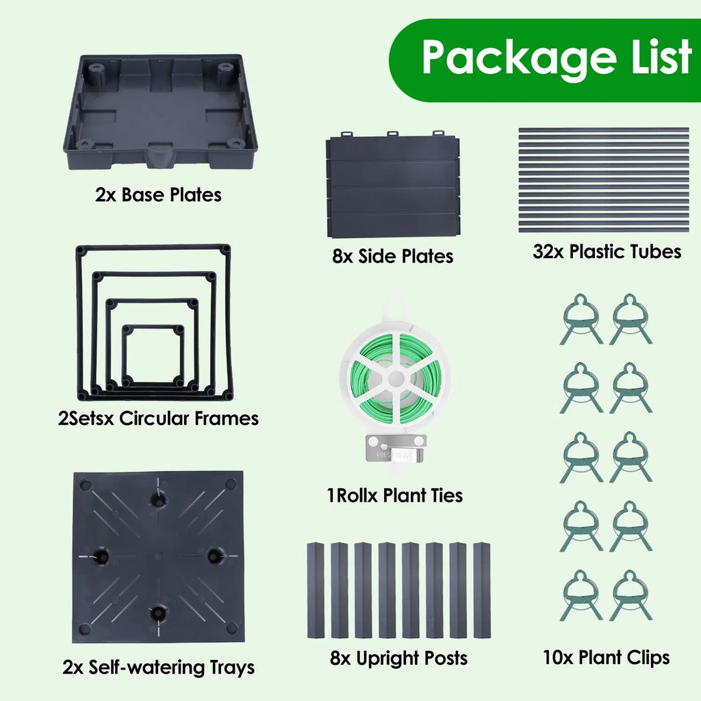Self-Watering 2L Tank Raised Garden Bed with Adjustable Trellis, 4-Height Tomato Planter Box, 10 Clips & 65ft Ties, Indoor Outdoor