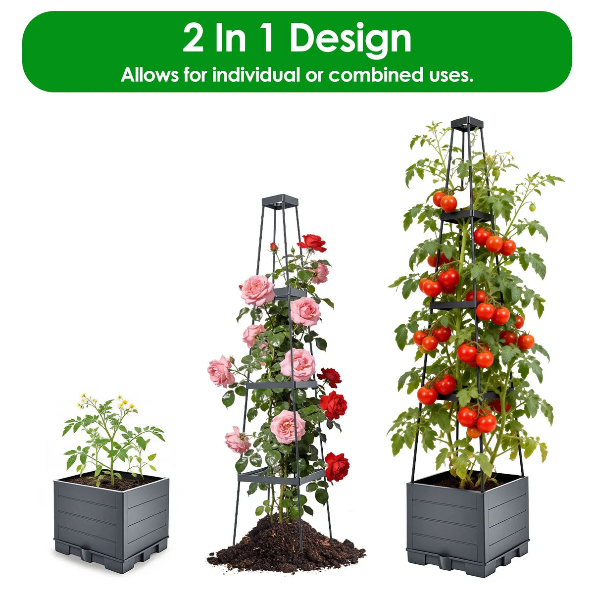 Self-Watering 2L Tank Raised Garden Bed with Adjustable Trellis, 4-Height Tomato Planter Box, 10 Clips & 65ft Ties, Indoor Outdoor