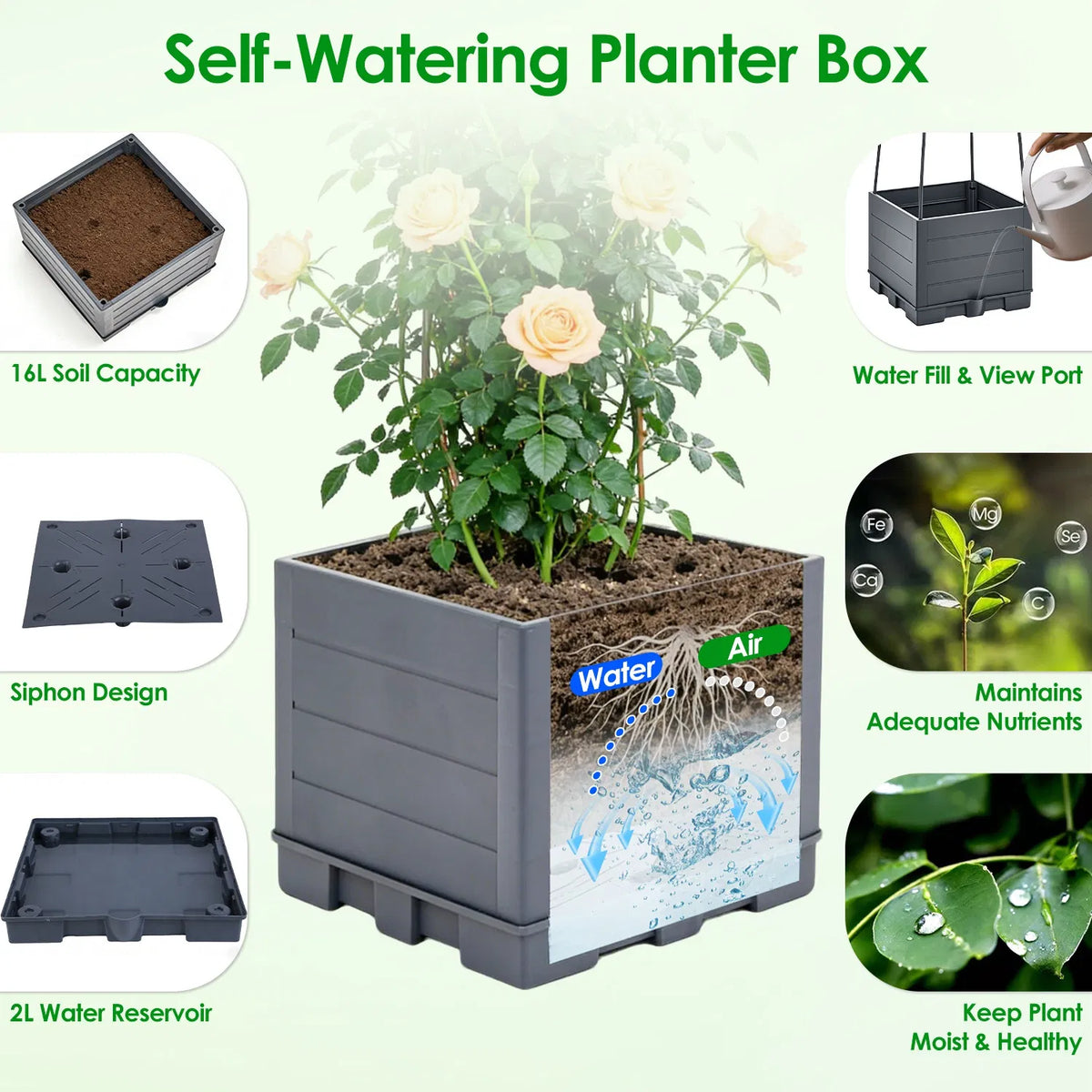 Self-Watering 2L Tank Raised Garden Bed with Adjustable Trellis, 4-Height Tomato Planter Box, 10 Clips & 65ft Ties, Indoor Outdoor
