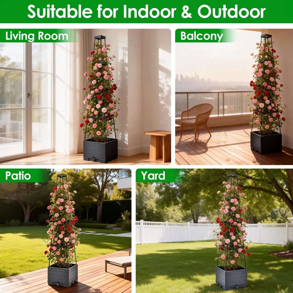 Self-Watering 2L Tank Raised Garden Bed with Adjustable Trellis, 4-Height Tomato Planter Box, 10 Clips & 65ft Ties, Indoor Outdoor