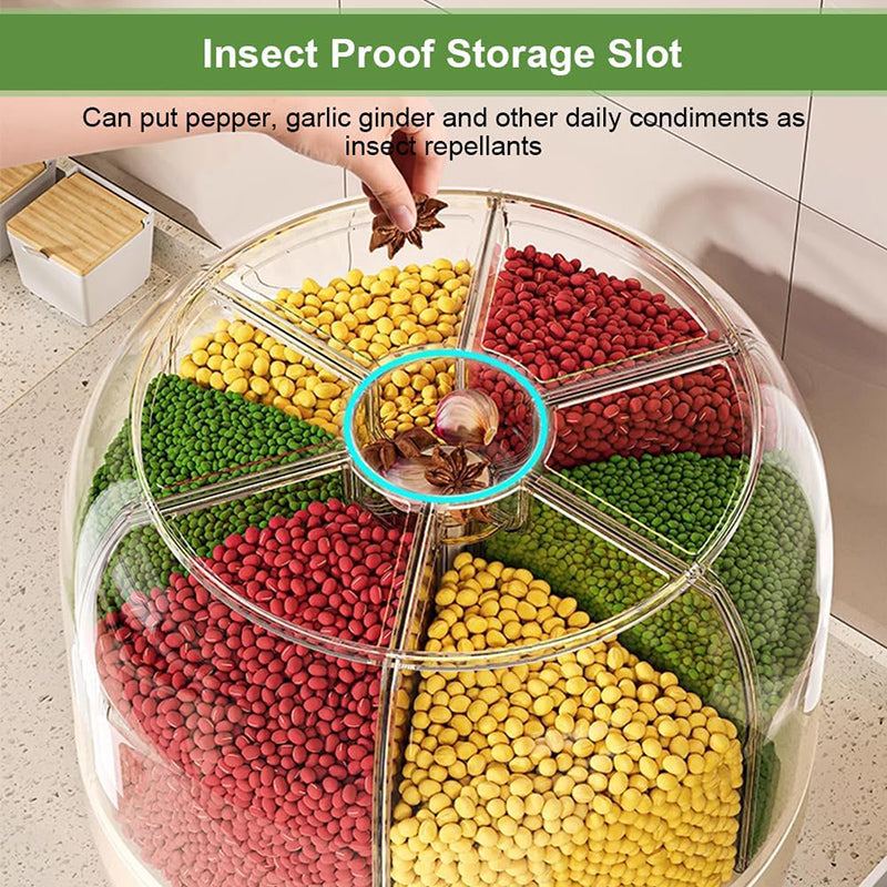 Rotating Rice Dispenser, 6-Grid Cereal Dispenser and Grain Storage Bin, One-Click Dispensing Food Storage Container, Airtight Moisture-Proof Organizer, Small