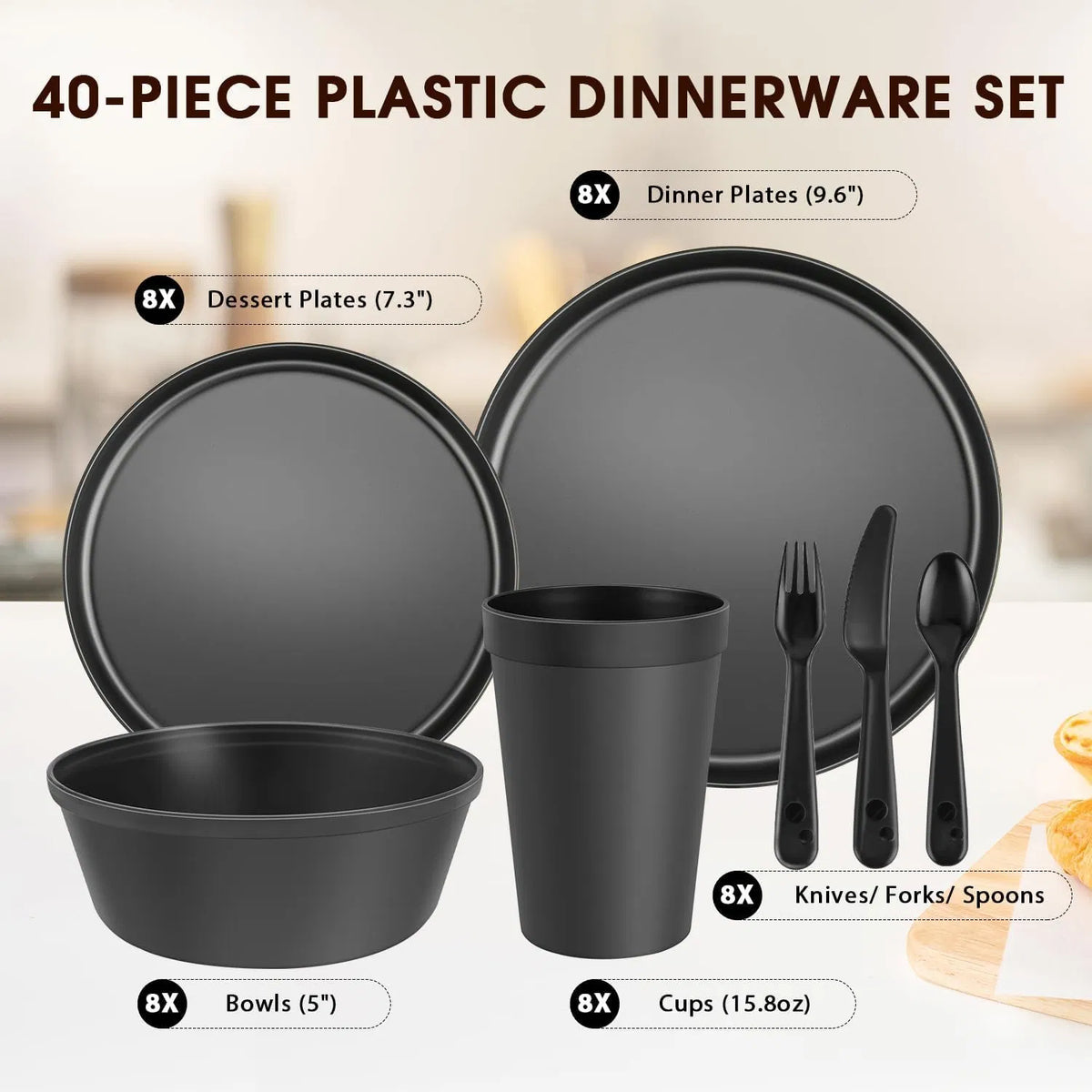 40-Piece Camping Dinnerware Set for 8, Lightweight Stackable Plates, Bowls, Cups and Cutlery for RV, Travel and Outdoor Dining, Black
