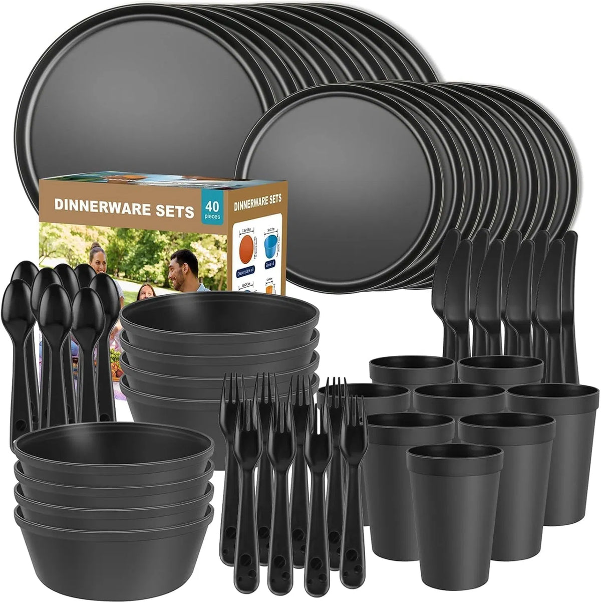 40-Piece Camping Dinnerware Set for 8, Lightweight Stackable Plates, Bowls, Cups and Cutlery for RV, Travel and Outdoor Dining, Black