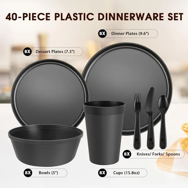 40-Piece Camping Dinnerware Set for 8, Lightweight Stackable Plates, Bowls, Cups and Cutlery for RV, Travel and Outdoor Dining, Black