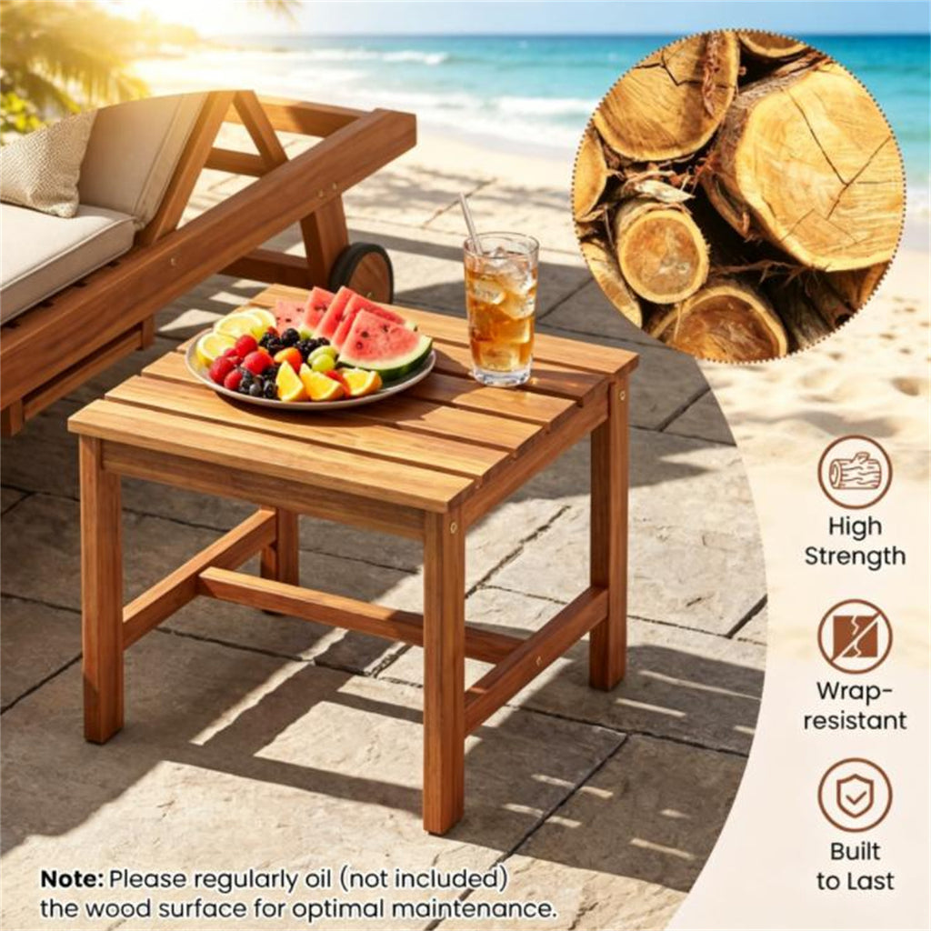 17 Inch Acacia Wood Outdoor Side Table, Square Slatted Patio End Table with Drainage Design, Heavy Duty Reinforced Frame for Backyard Garden Poolside