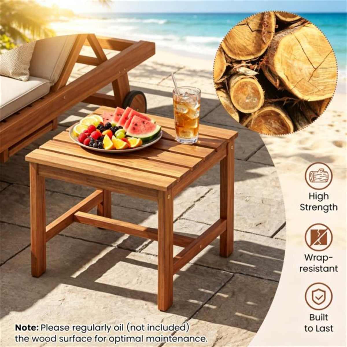 17 Inch Acacia Wood Outdoor Side Table, Square Slatted Patio End Table with Drainage Design, Heavy Duty Reinforced Frame for Backyard Garden Poolside