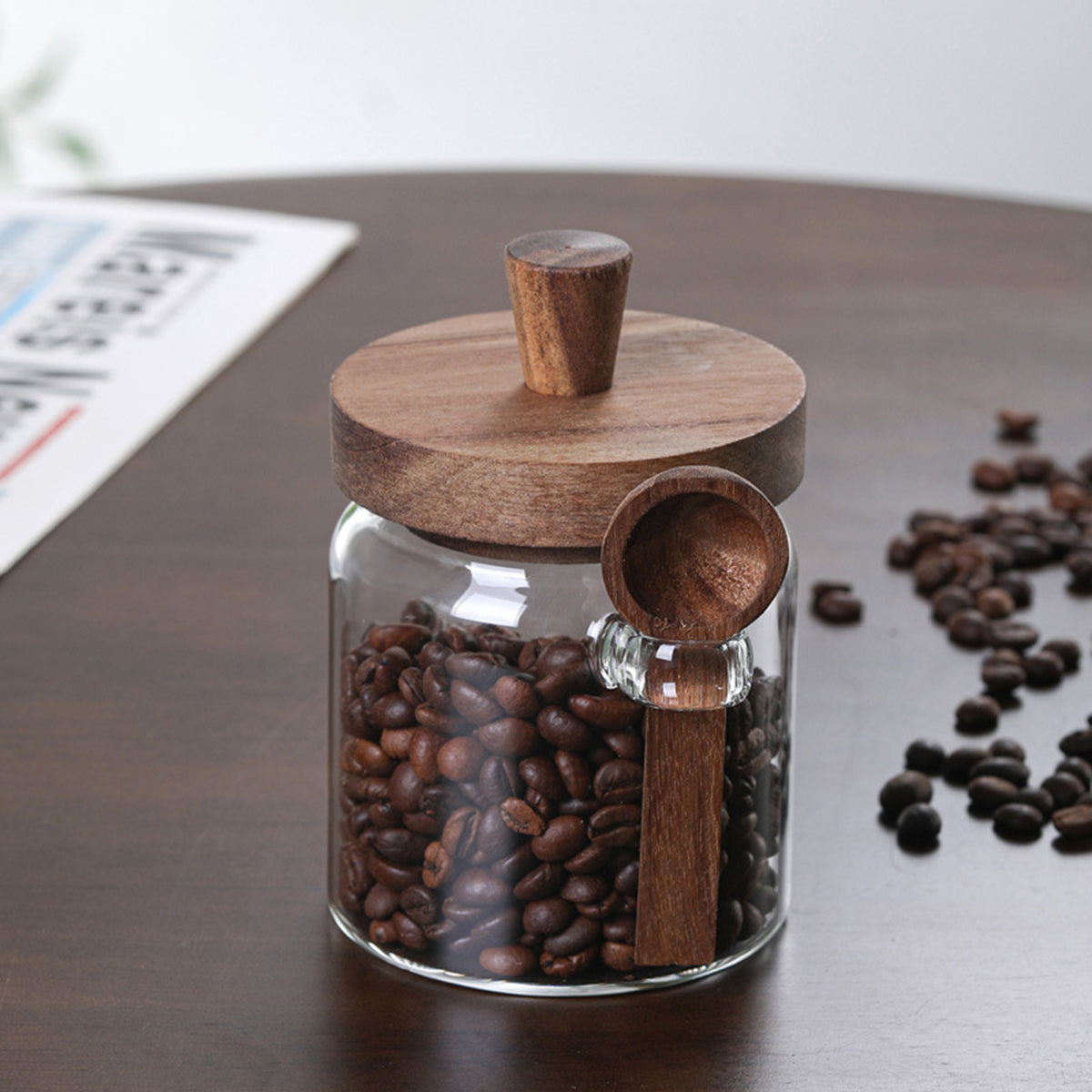 Glass Coffee Bean Storage Jar with Wooden Lid and Spoon, Clear Kitchen Canister, 15/18.5/25 oz