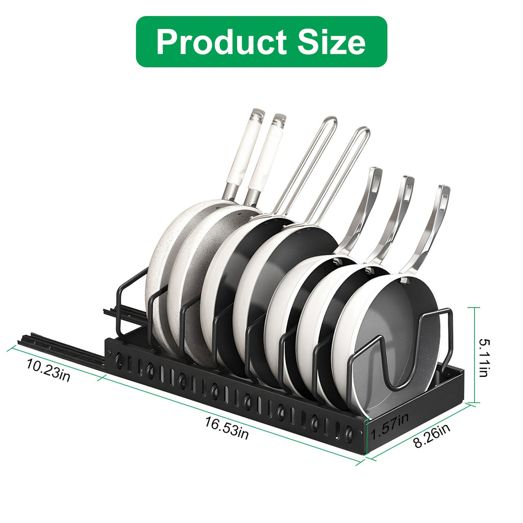 Pull Out Pot Pan Organizer for Cabinet, 8 Adjustable Dividers, Drill-Free Slide Cookware Rack for Pots Lids Dishes, Premium Carbon Steel