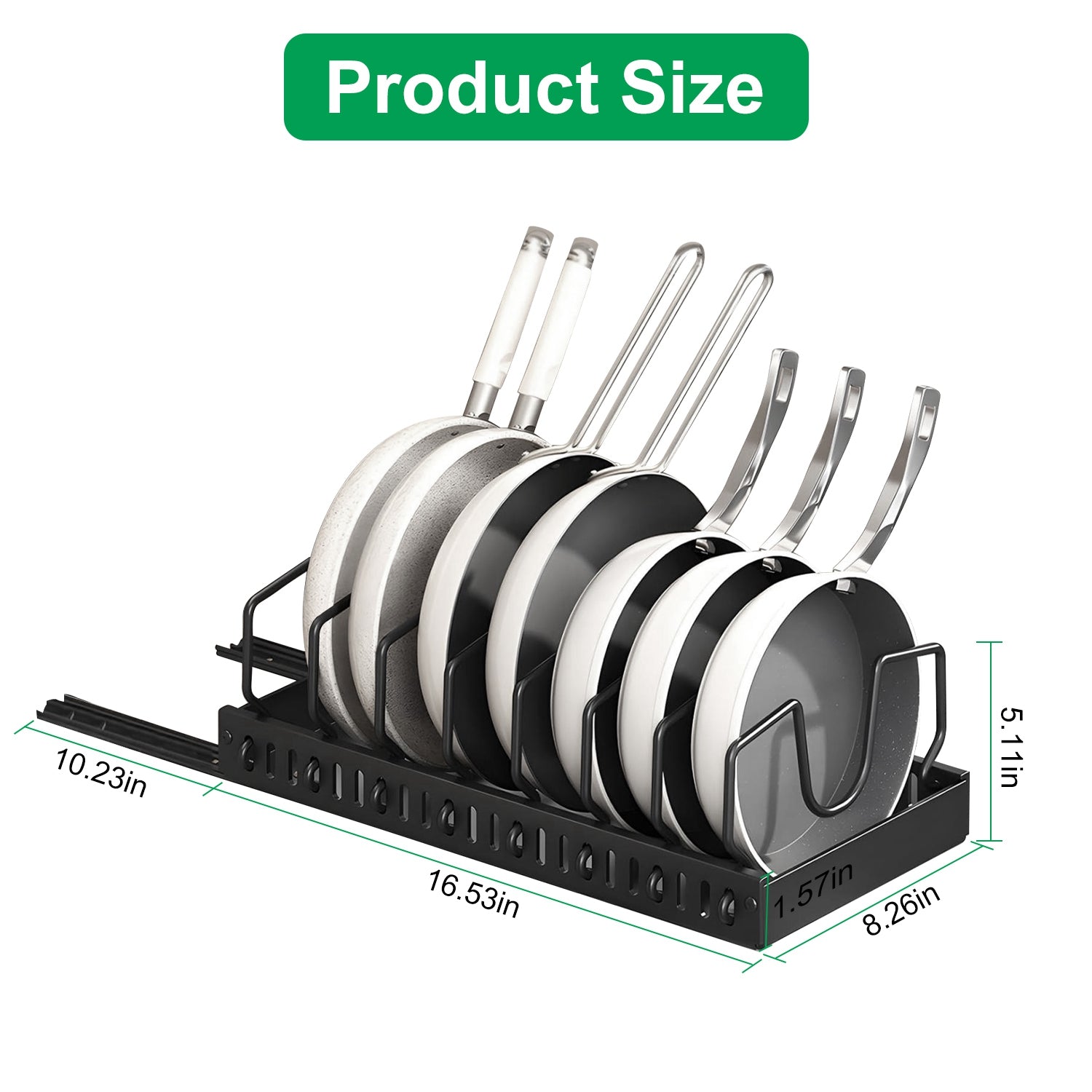 Pull Out Pot Pan Organizer for Cabinet, 8 Adjustable Dividers, Drill-Free Slide Cookware Rack for Pots Lids Dishes, Premium Carbon Steel