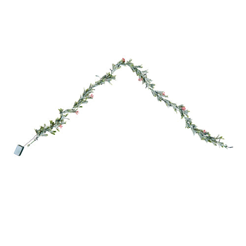 AEELLEEA 6.6ft Pre-Lit Snow Flocked PE Christmas Garland, 20 LED Lights, Red Berries & Olive Leaves for Holiday Decor