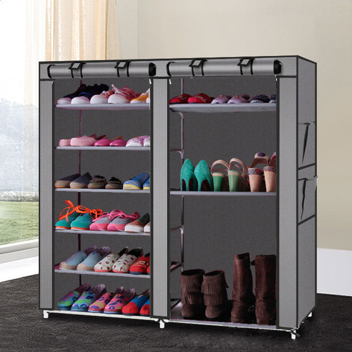 AEELLEEA- Double Row 9 Lattices Shoe Rack, Freestanding Shoe Storage Organizer, Gray Alloy Plastic Shoe Shelf for Entryway Closet
