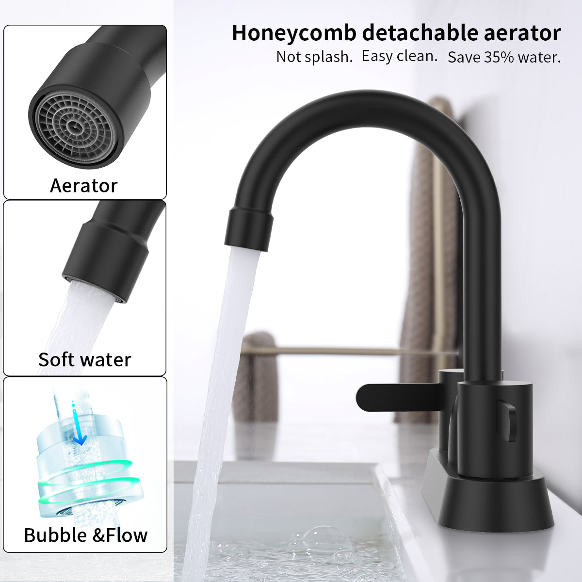 2-Handle Centerset Bathroom Faucet Matte Black, Stainless Steel Vanity Sink Faucet 2-3 Hole with Drain Assembly, 360 Swivel Spout and Supply Hose