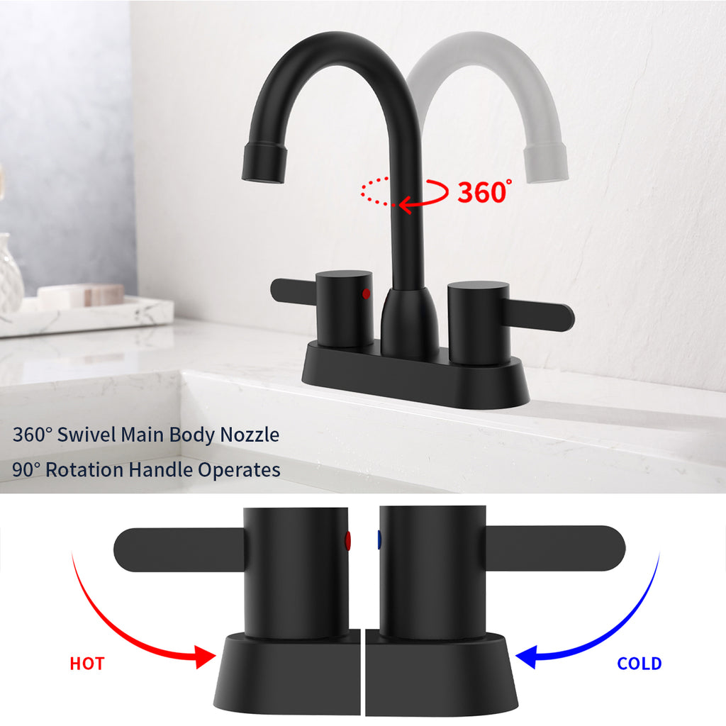 2-Handle Centerset Bathroom Faucet Matte Black, Stainless Steel Vanity Sink Faucet 2-3 Hole with Drain Assembly, 360 Swivel Spout and Supply Hose