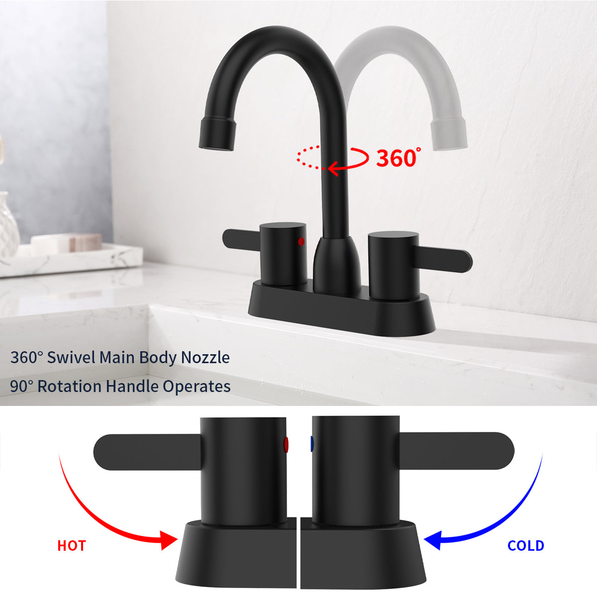 2-Handle Centerset Bathroom Faucet Matte Black, Stainless Steel Vanity Sink Faucet 2-3 Hole with Drain Assembly, 360 Swivel Spout and Supply Hose