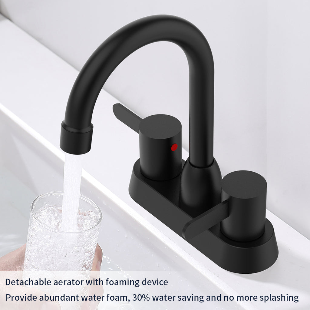 2-Handle Centerset Bathroom Faucet Matte Black, Stainless Steel Vanity Sink Faucet 2-3 Hole with Drain Assembly, 360 Swivel Spout and Supply Hose