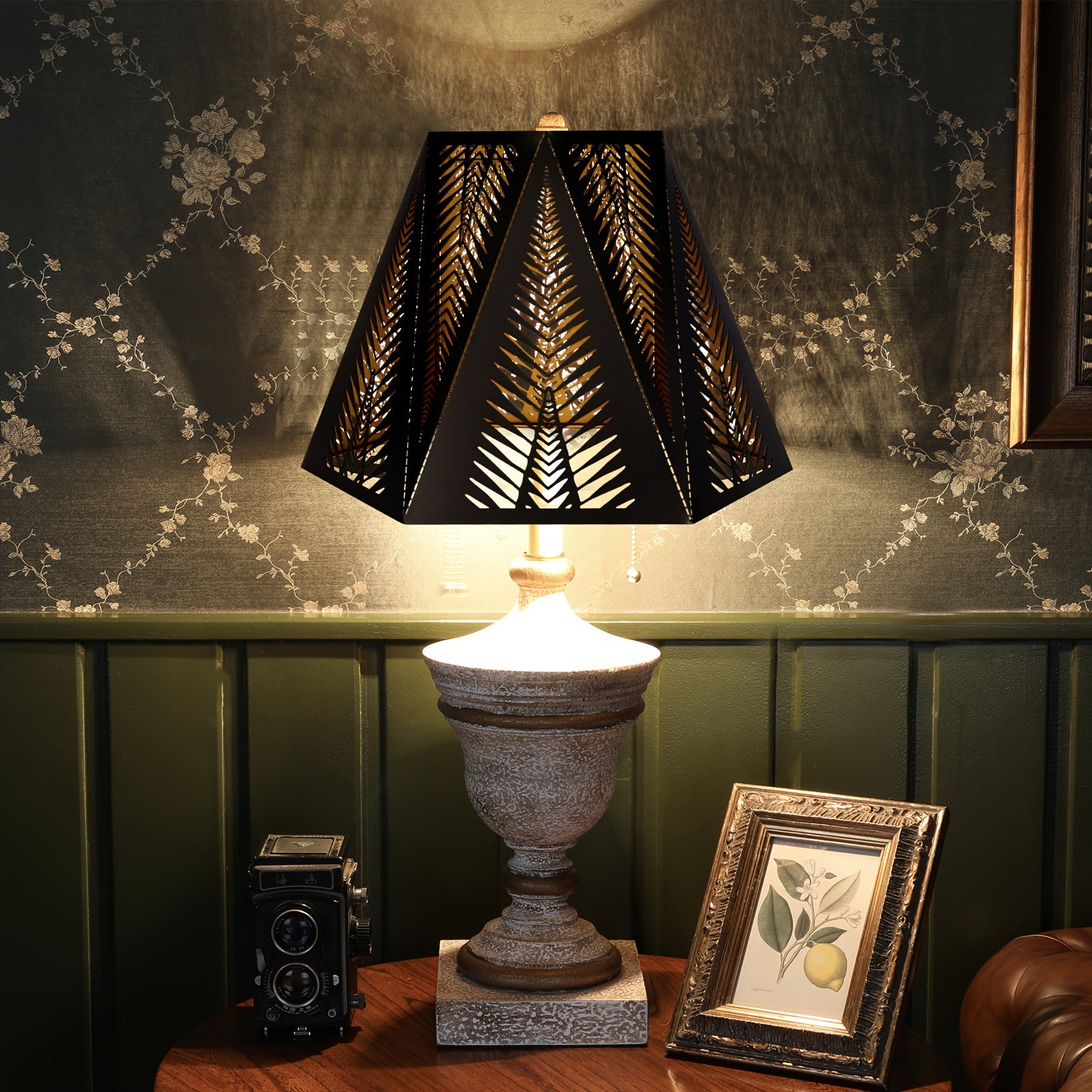 "Vintage Metal Lamp Shade with 12-Side Etched Spike Pattern for Table/Floor Lamps, Outdoor & Indoor Decor, 7 x 13.8x 9.5， Inches (Black/Gold Finish)"