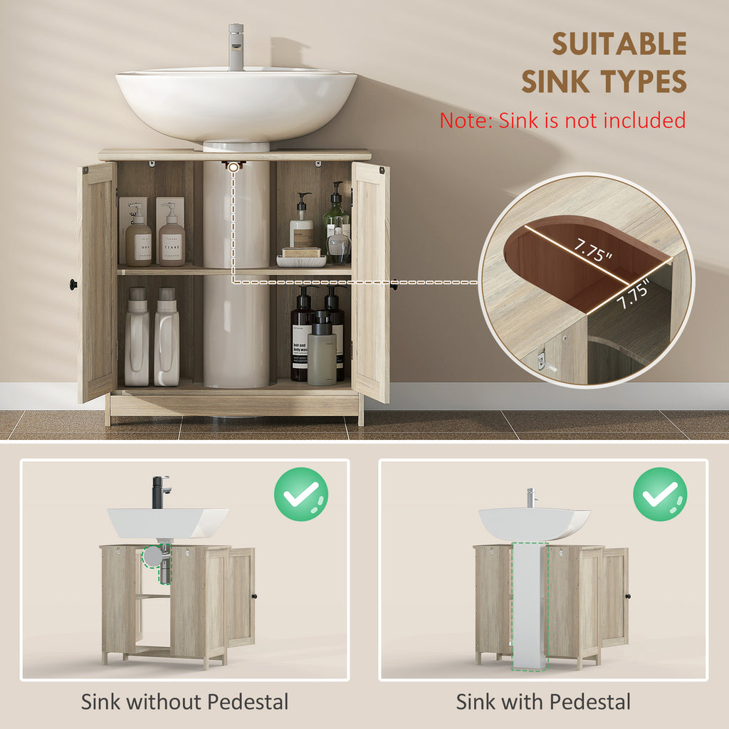 AEELLEEA Weathered Gray Oak Under Sink Bathroom Cabinet, MDF Pedestal Storage Cabinet with Adjustable Shelf & Double Doors
