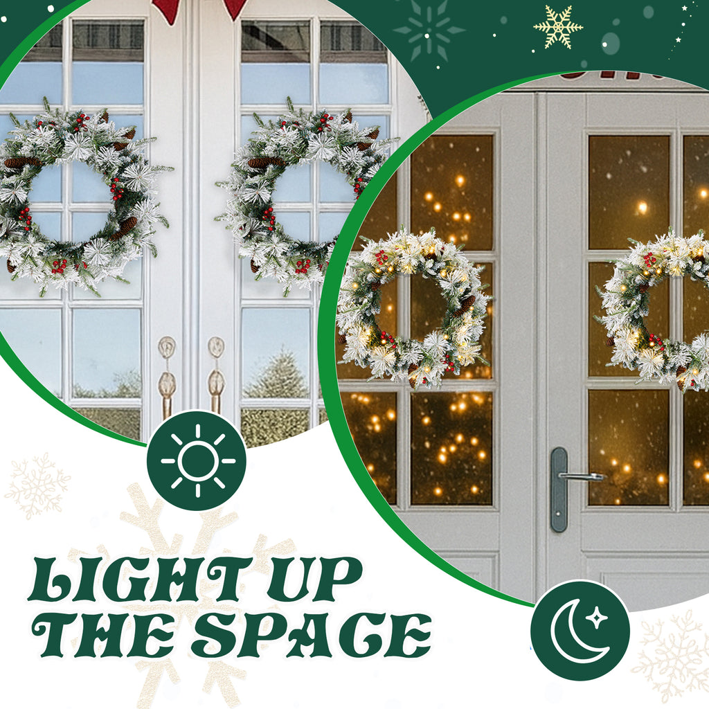 2Pcs 18" Lighted Christmas Wreaths, Snow Flocked PVC PE Wreath with Pinecones Red Berries, 60 Warm White Lights Battery Box 8 Modes