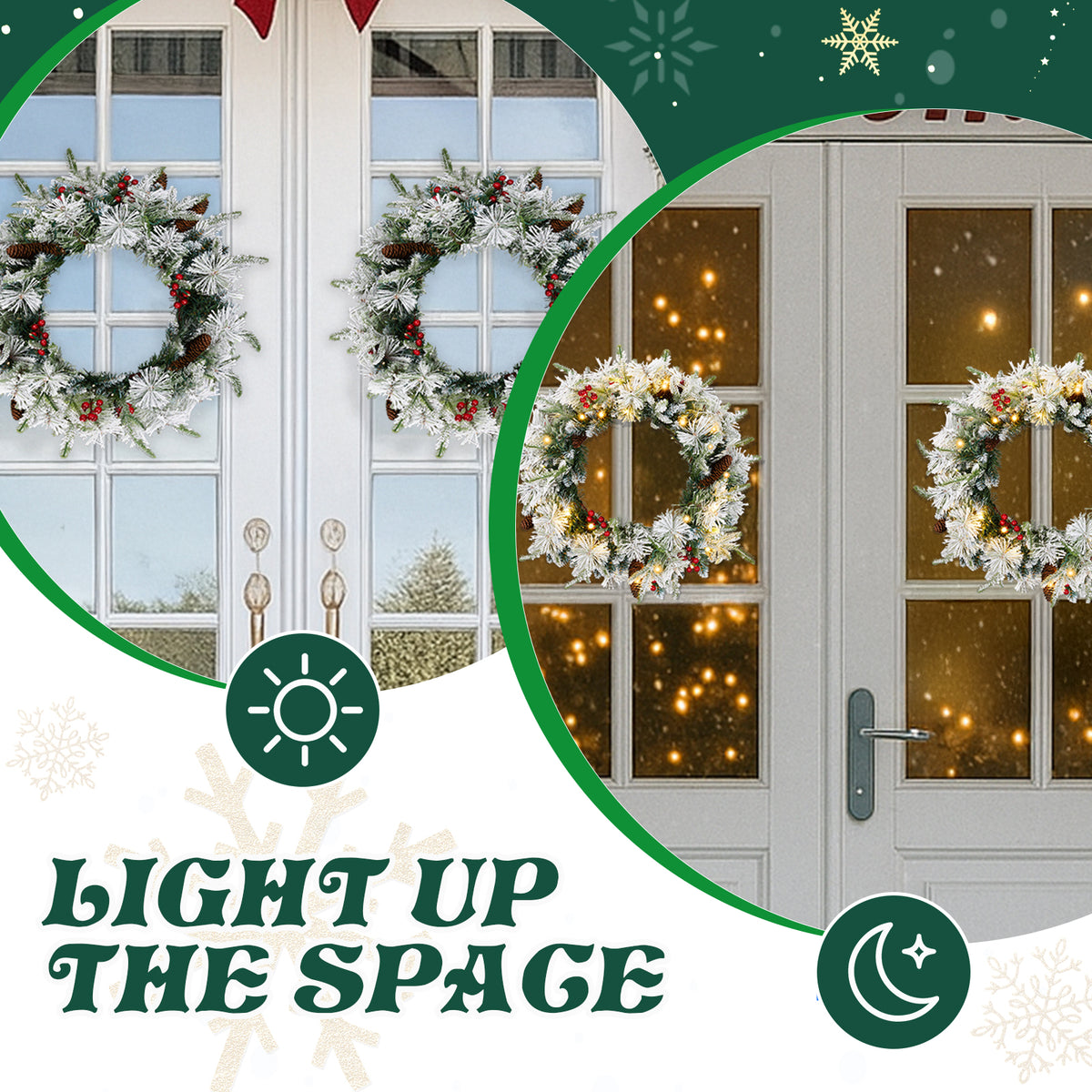 2Pcs 18" Lighted Christmas Wreaths, Snow Flocked PVC PE Wreath with Pinecones Red Berries, 60 Warm White Lights Battery Box 8 Modes