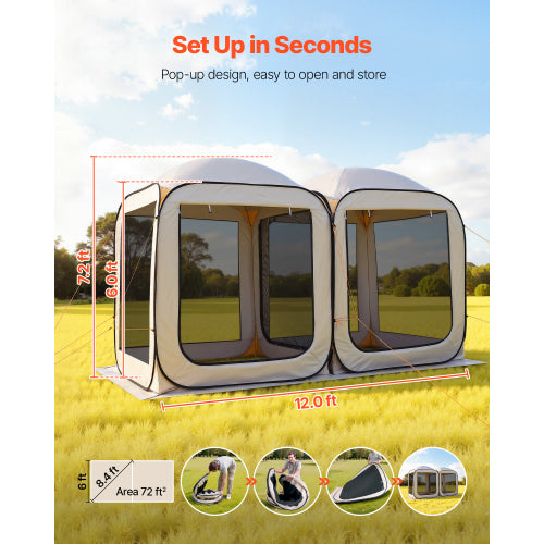 Pop Up Screen Tent 12x6 Ft, 8-10 Person Instant Screen House, 72 Sq Ft Mesh Tent with 2 Rooms for Patio Backyard