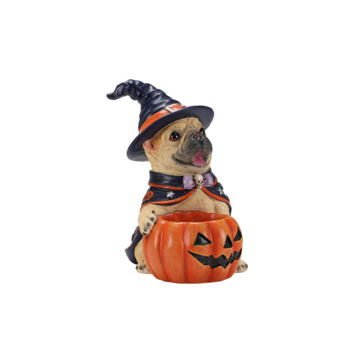 AEELLEEA Halloween French Bulldog Witch Puppy Figurine, Dog Statue with Pumpkin Candy Bowl, Tabletop Holiday Storage Decor