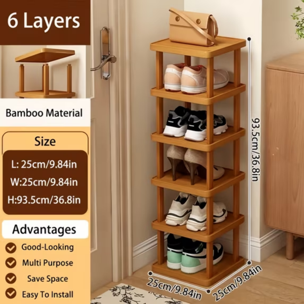 Bamboo Shoe Rack 6 Tier, Tall Natural Bamboo Shoe Shelf for Entryway, Space Saving Vertical Storage Rack for Shoes Bags Plants
