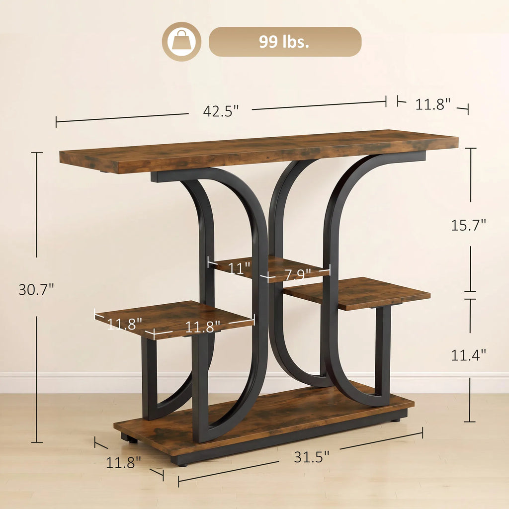 42.5 Inch 3‑Tier Narrow Console Table, Modern Entryway Sofa Table with Open Storage Shelves, Anti‑Tip Strap & Adjustable Feet