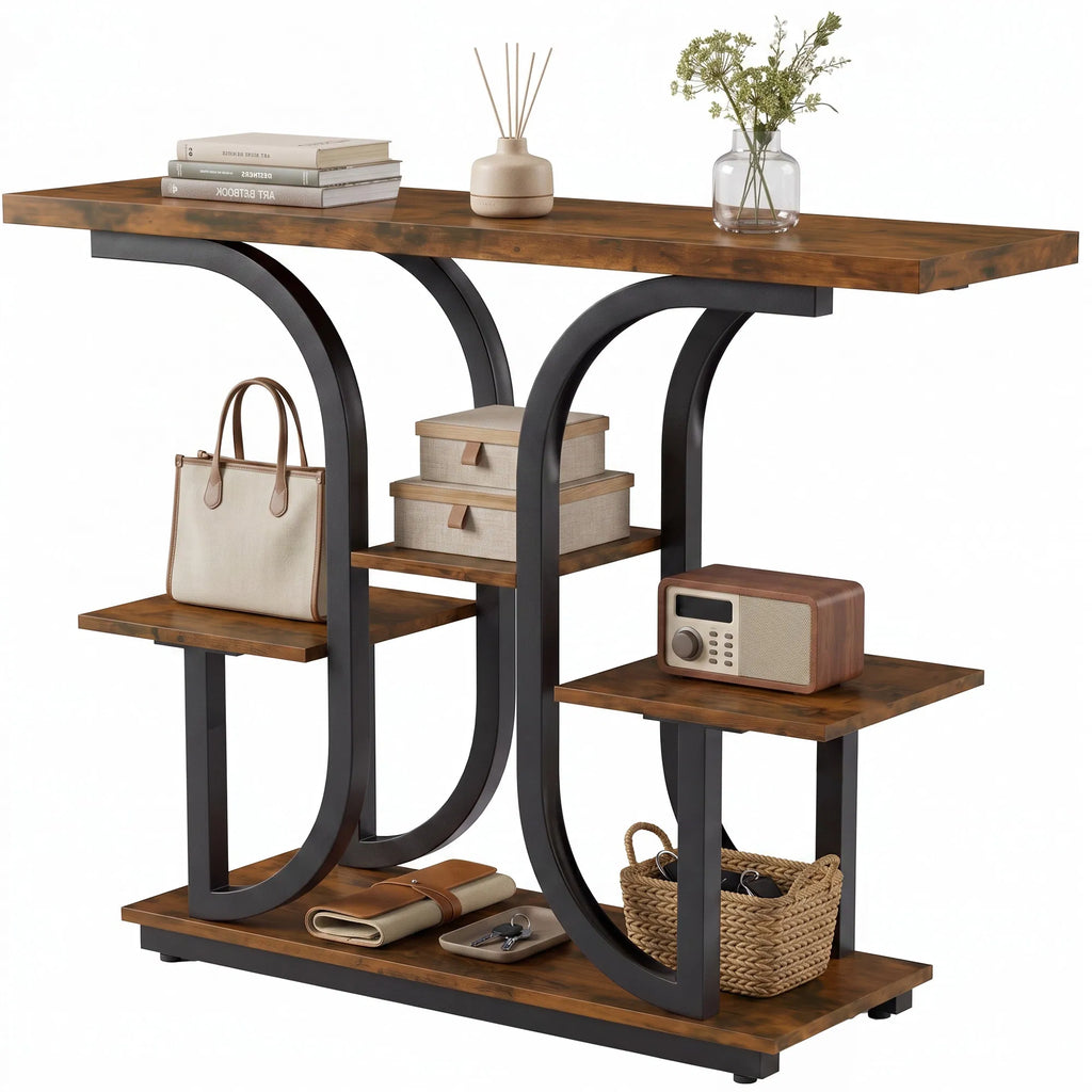 42.5 Inch 3‑Tier Narrow Console Table, Modern Entryway Sofa Table with Open Storage Shelves, Anti‑Tip Strap & Adjustable Feet