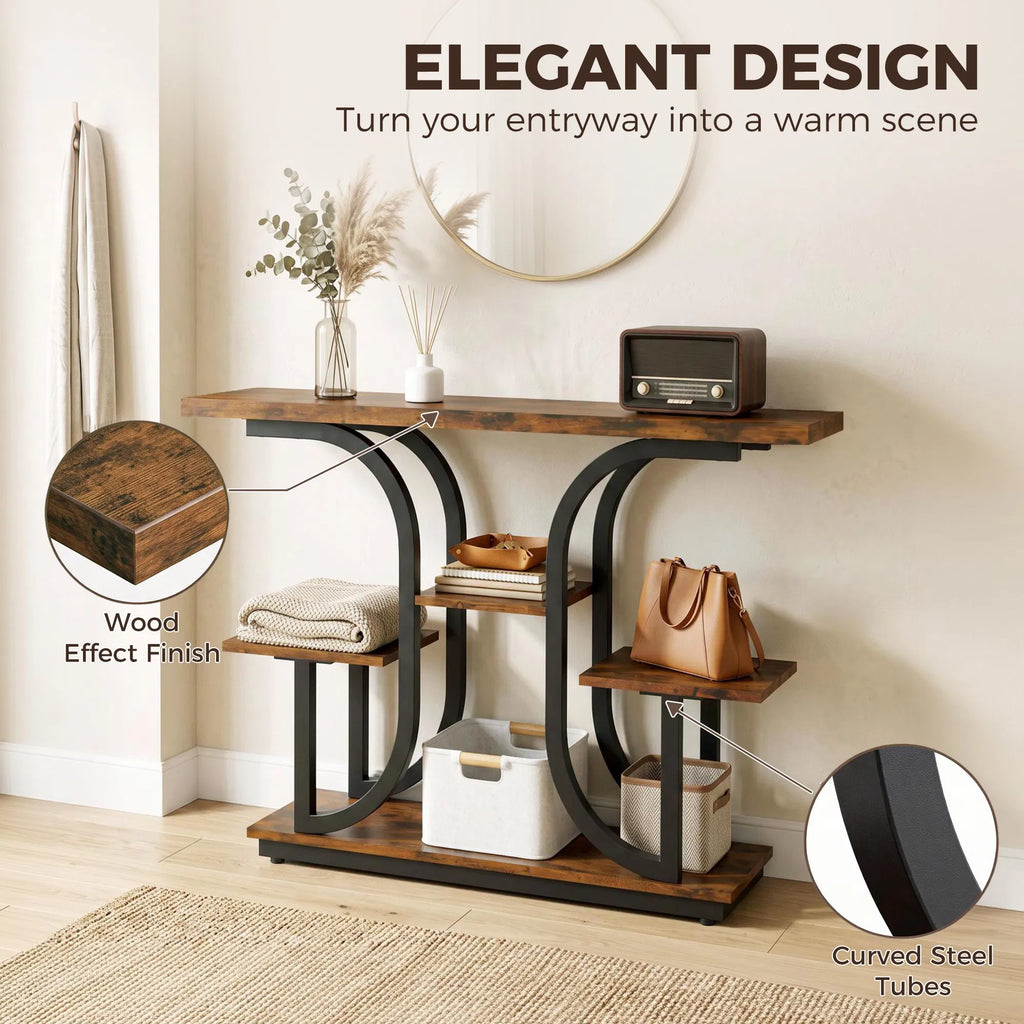 42.5 Inch 3‑Tier Narrow Console Table, Modern Entryway Sofa Table with Open Storage Shelves, Anti‑Tip Strap & Adjustable Feet