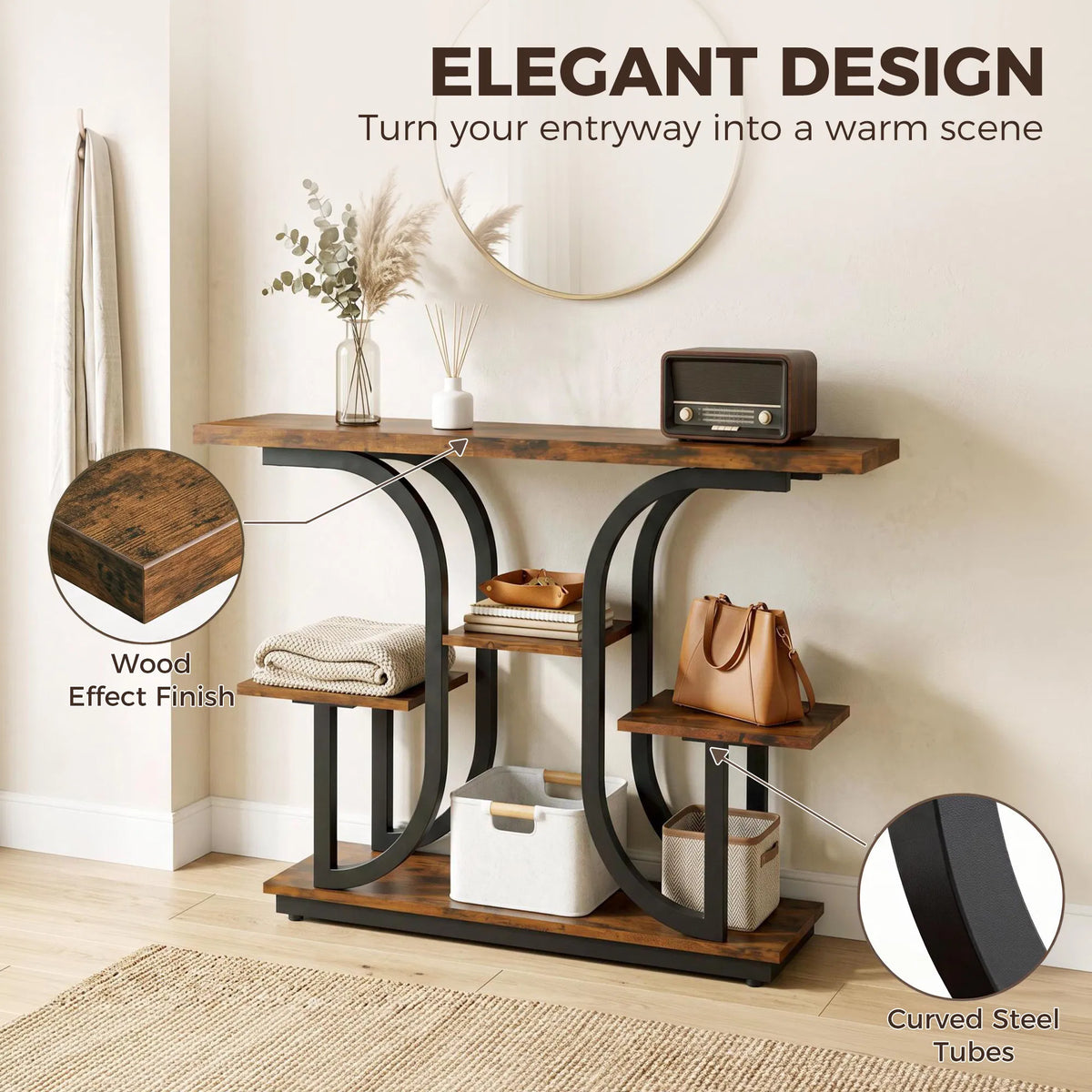 42.5 Inch 3‑Tier Narrow Console Table, Modern Entryway Sofa Table with Open Storage Shelves, Anti‑Tip Strap & Adjustable Feet