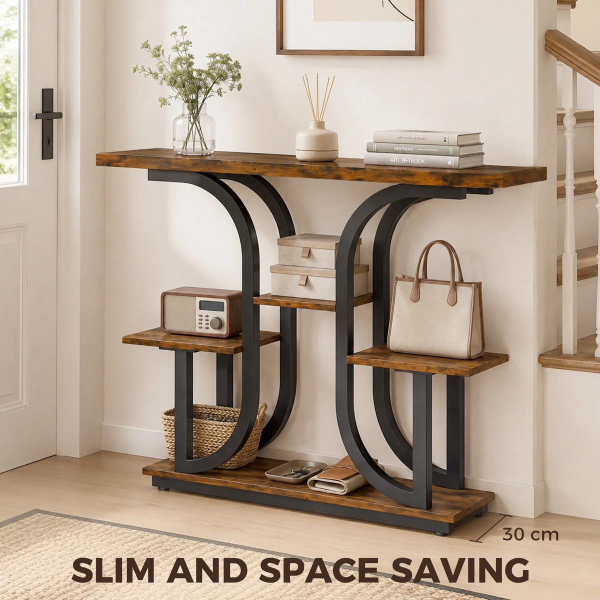 42.5 Inch 3‑Tier Narrow Console Table, Modern Entryway Sofa Table with Open Storage Shelves, Anti‑Tip Strap & Adjustable Feet