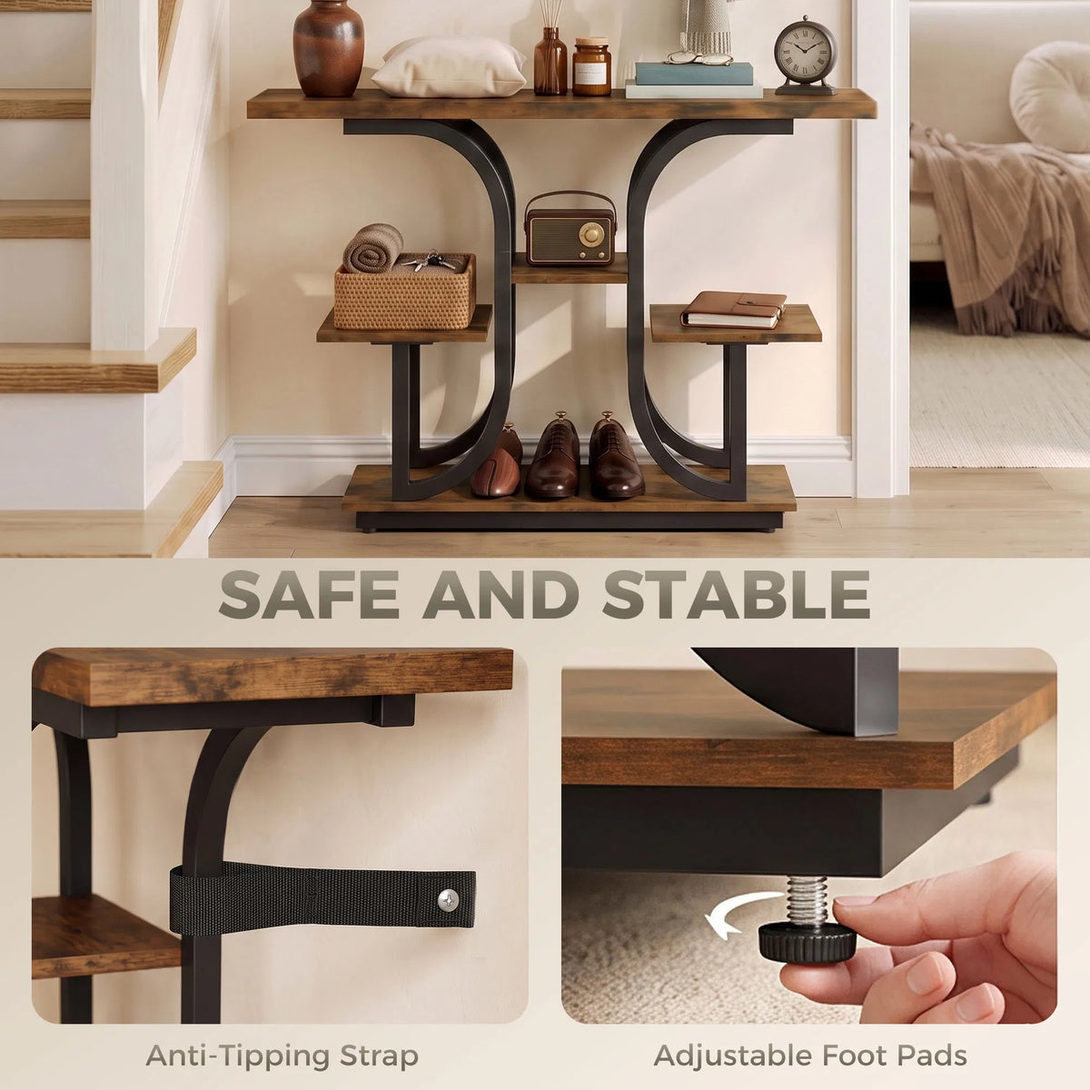 42.5 Inch 3‑Tier Narrow Console Table, Modern Entryway Sofa Table with Open Storage Shelves, Anti‑Tip Strap & Adjustable Feet