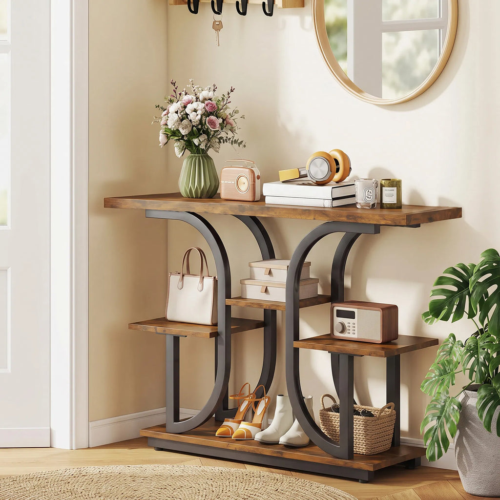 42.5 Inch 3‑Tier Narrow Console Table, Modern Entryway Sofa Table with Open Storage Shelves, Anti‑Tip Strap & Adjustable Feet