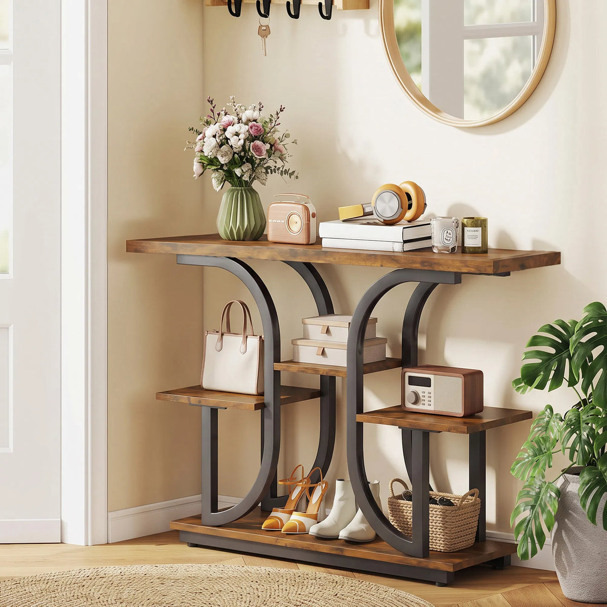 42.5 Inch 3‑Tier Narrow Console Table, Modern Entryway Sofa Table with Open Storage Shelves, Anti‑Tip Strap & Adjustable Feet