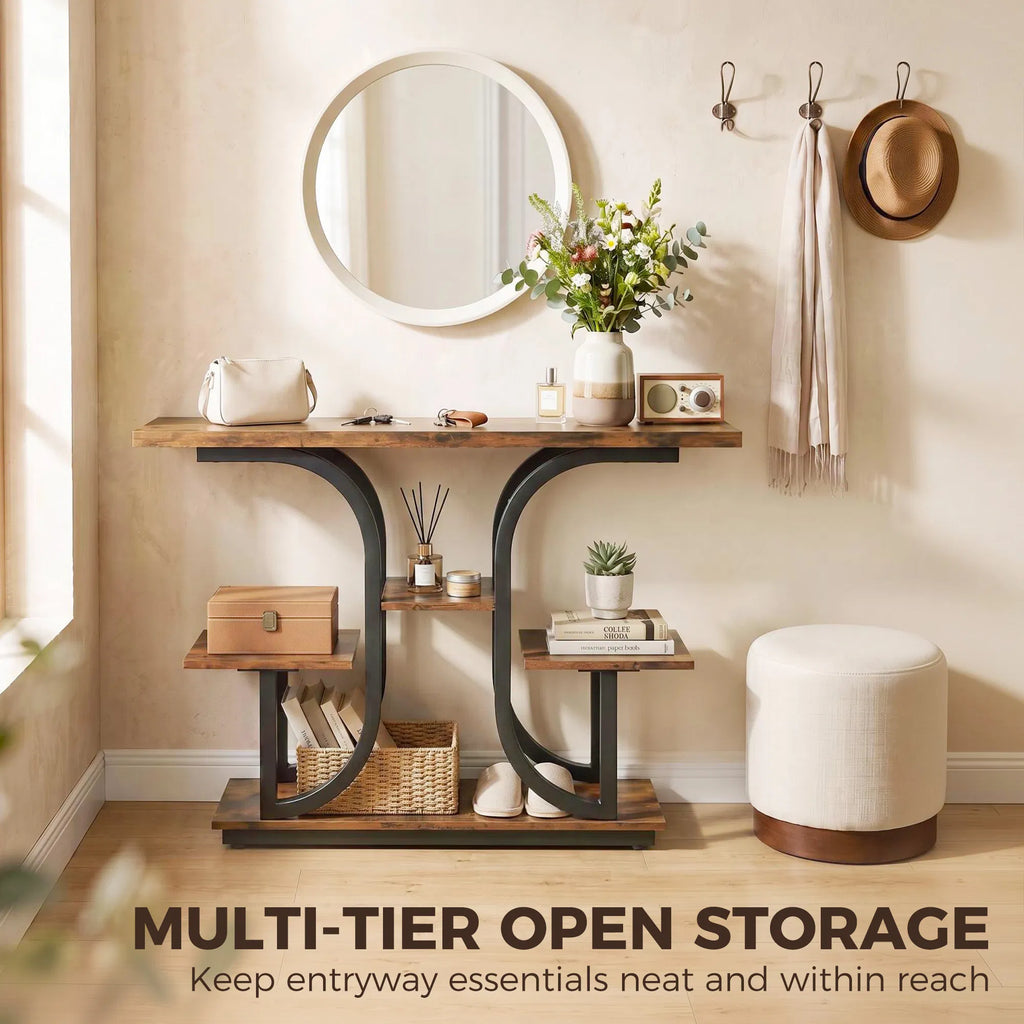 42.5 Inch 3‑Tier Narrow Console Table, Modern Entryway Sofa Table with Open Storage Shelves, Anti‑Tip Strap & Adjustable Feet