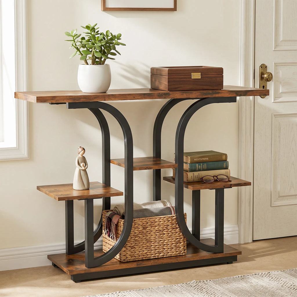 42.5 Inch 3‑Tier Narrow Console Table, Modern Entryway Sofa Table with Open Storage Shelves, Anti‑Tip Strap & Adjustable Feet