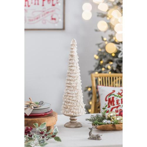 D3.9x15" Cream Fringe Embellished Cone Tree with Wooden Base, Rustic Tabletop Christmas Decoration for Mantel, Desk & Shelf.