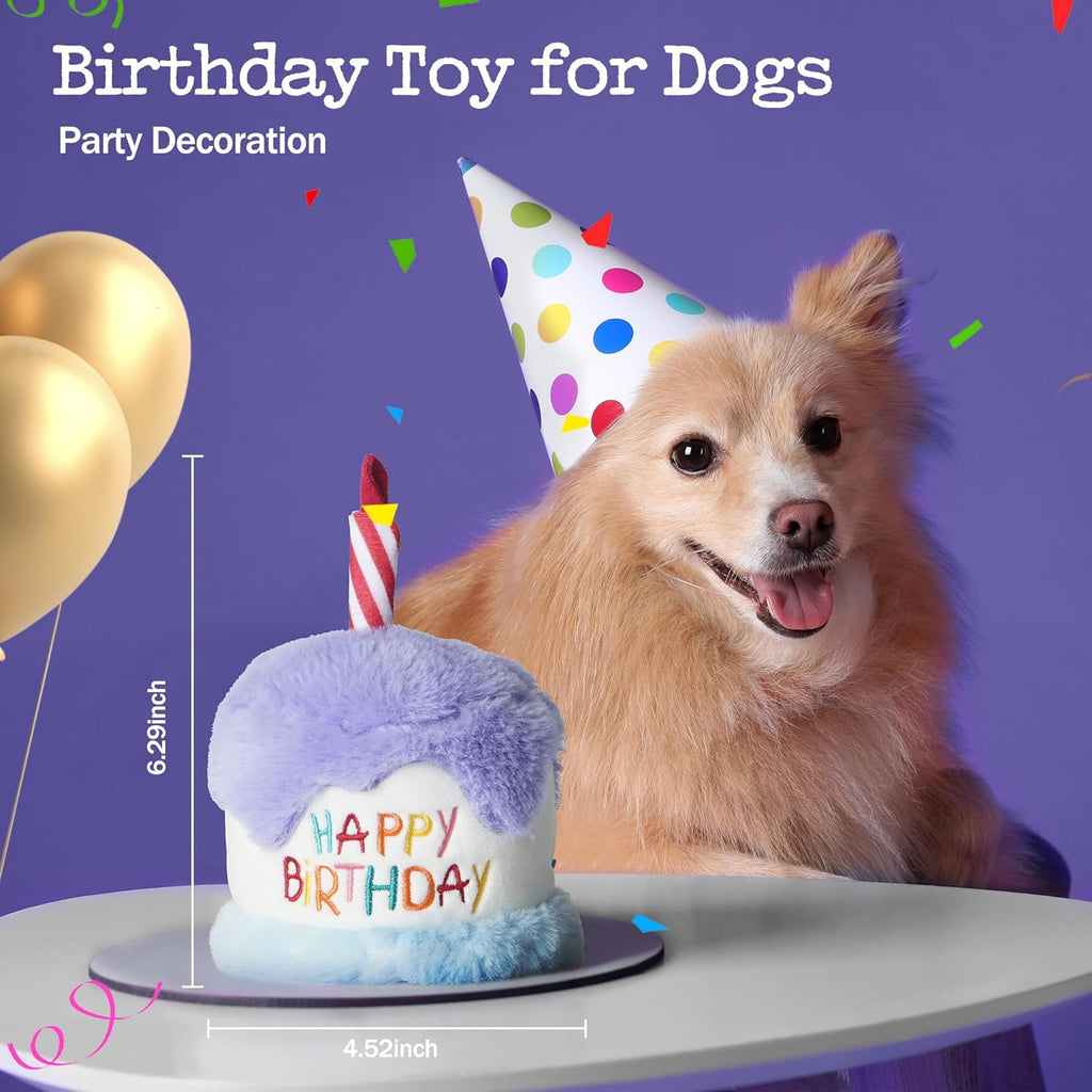 Dog Happy Birthday Cake Toy with Squeaker and Crinkle, Stuffed Plush Puppy Present for Birthday Party, Dog Toy for Small Medium