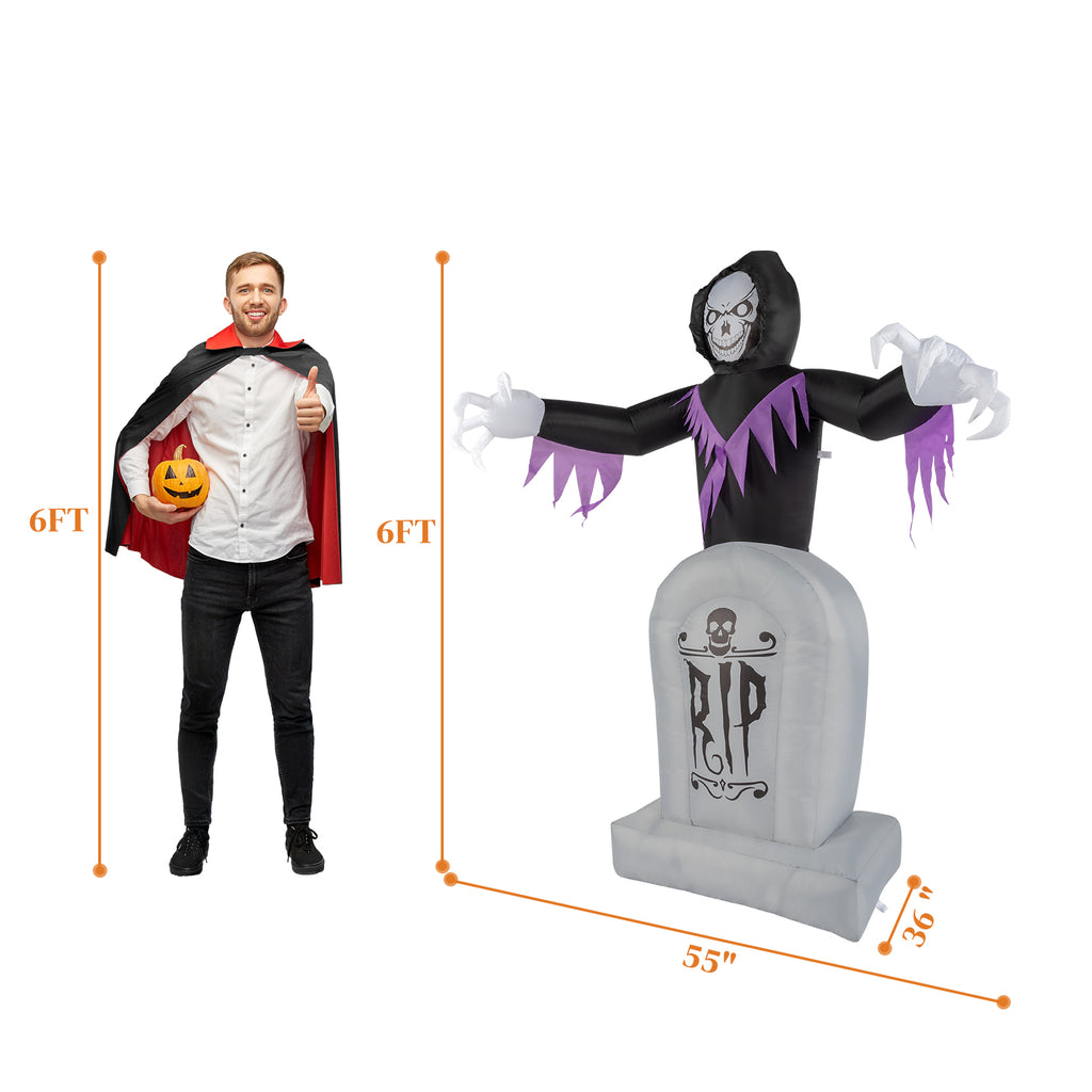 6ft Halloween Inflatable Grim Reaper with Grave, 3 LED String Lights, 12V Waterproof Outdoor Yard Lawn Decoration with Stakes & Sandbags