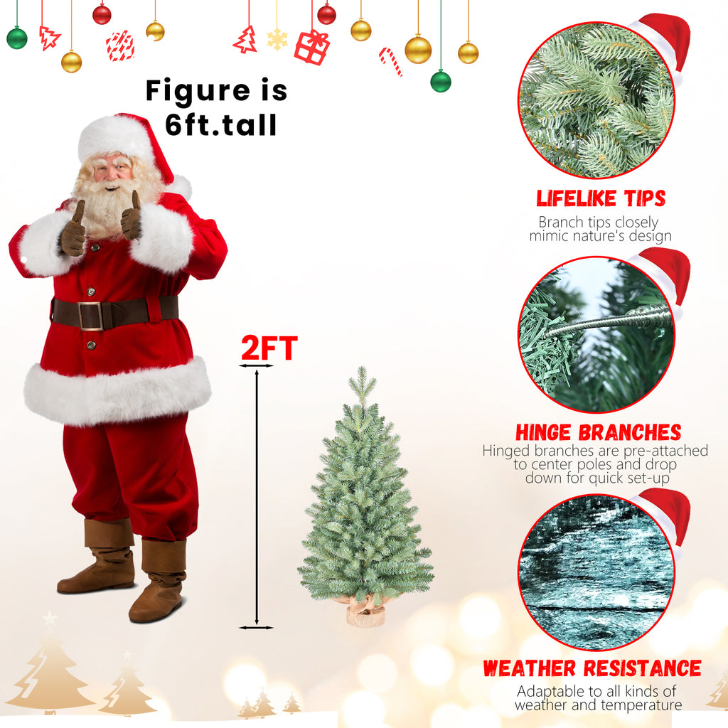 2ft Artificial Mini Christmas Tree, Realistic Green Pine with Burlap Base, Unlit Tabletop Xmas Decor for Home Holiday Party
