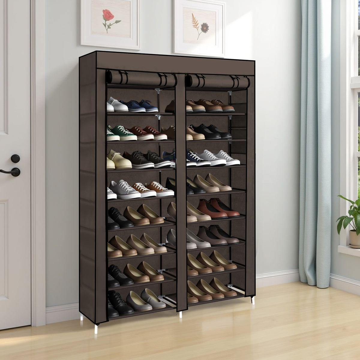 AEELLEEA- 10-Tier Double Row Shoe Rack, Gray Fabric Shoe Storage Organizer with Iron Frame, Freestanding Entryway Shoe Cabinet