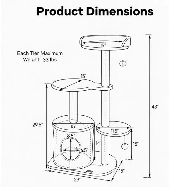 43 Inch Indoor Cat Tree, Multi-Level Cat Tower with Soft Plush Perch & Sisal Scratching Post for Cats Playing & Resting