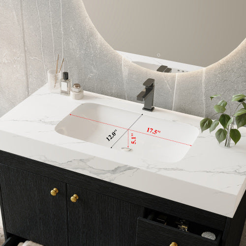 Bathroom Vanity with Sink, 36 Inch Black Wood Freestanding Vanity with Marble Top, Double Doors and Drawers Cabinet