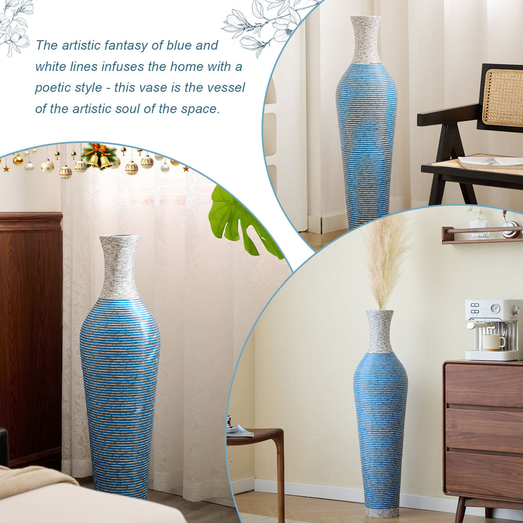 AEELLEEA Blue White Striped Woven Floor Vase, 39"H x 5.5" Opening, Tall Decor Dry Vase for Pampas Grass, Living Room Entryway Home Decor