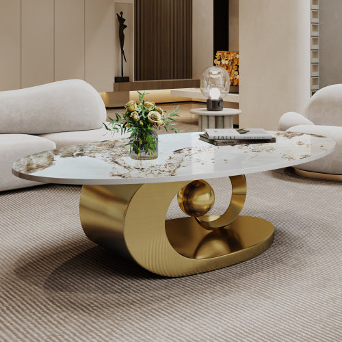 Modern Oval Coffee Table, White Faux Marble Top with Gold Openwork Metal Base, Luxury Living Room Tea Table