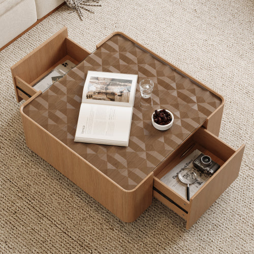 AEELLEEA 31.5" Modern Square Coffee Table with Glass Top and 2 Storage Drawers, Wood Finish Center Table for Living Room
