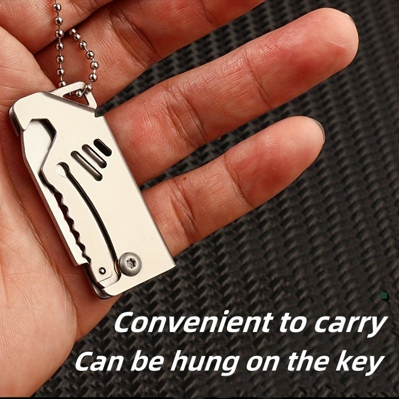 Multifunctional Stainless Steel Keychain Folding Utility Knife, Mini EDC Pocket Cutter with Bottle Opener, Portable Box & Rope Cutting Tool